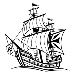 Black and white illustration, vintage sailing ship, detailed linework Isolated on a transparent background 
