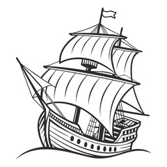 Black and white illustration, vintage sailing ship, detailed linework Isolated on a transparent background 