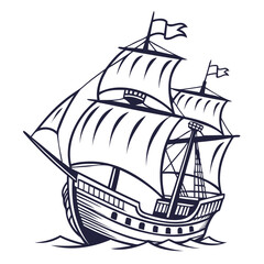 Black and white illustration, vintage sailing ship, detailed linework Isolated on a transparent background 