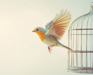 A bird flying out of a cage, side view, against a simple white background, symbolizing freedom.