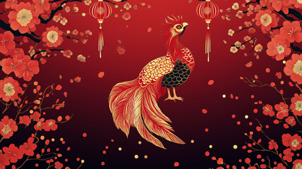 A vibrant Chinese New Year-themed design featuring traditional elements like red lanterns, gold coins, and blooming cherry blossoms, arranged artfully around a clean negative space ideal for text 