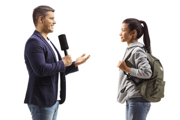Journalist interviewing a female student