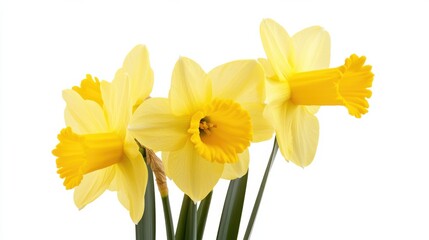 A macro shot of a cluster of yellow daffodil flowers with trumpet-shaped blooms, isolated white background, naturalistic art style