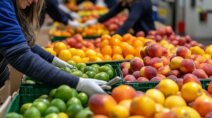 Volunteers preparing fresh fruit baskets for distribution