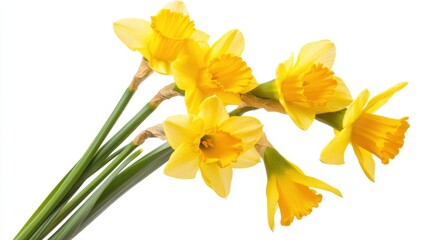 Fototapeta premium A macro shot of a cluster of yellow daffodil flowers with trumpet-shaped blooms, isolated white background, naturalistic art style