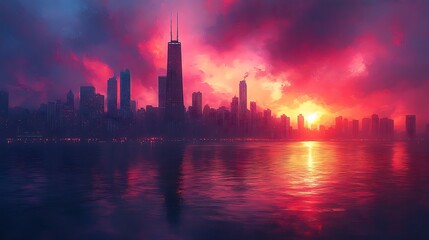 Obraz premium Calm water reflects vibrant sunset cityscape with shimmering glowing colorful hues image