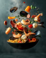 Succulent shrimp, mussels, chorizo, and vibrant peppers mingle in fragrant saffron rice, creating a festive dish that captures the essence of Spanish cuisine