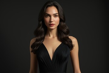 Fototapeta premium a close up of a woman in a black dress posing for a picture
