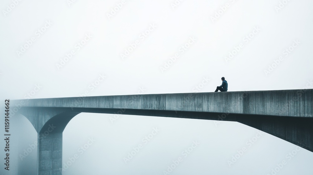 Aufkleber Lonely figure on a foggy bridge at dawn contemplating solitude and introspection in a quiet moment. Generative AI