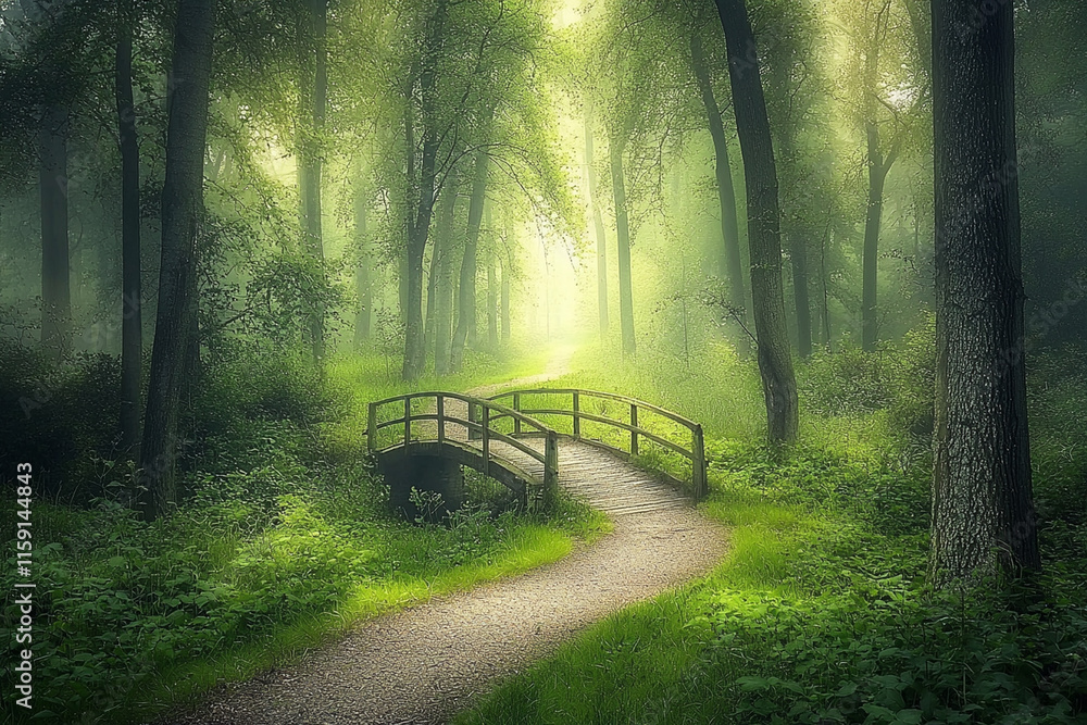 Poster winding forest path with a bridge