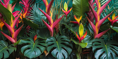 Lush Tropical Plants Exotic Flowers Monstera Leaves Vivid Colors Jungle Foliage Background Texture