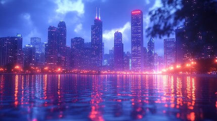 Fototapeta premium Colorful sunset paints vibrant cityscape reflection beautiful on calm water wallpaper image