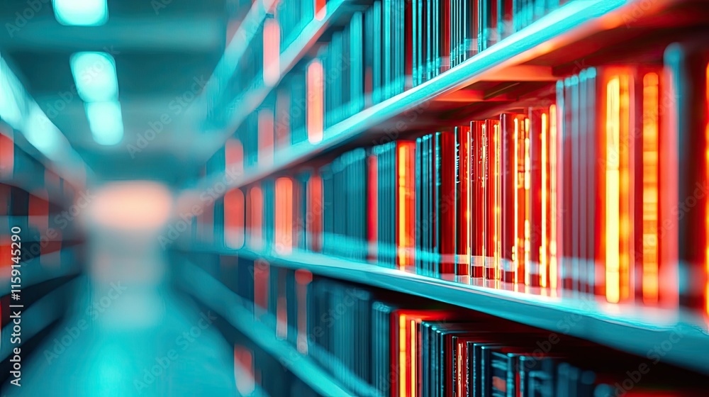Poster futuristic library idea. colorful library shelves filled with illuminated books, creating an inspiri