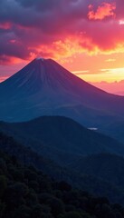 Fototapeta premium Half of Rarotongan mountain range glows with sunrise, the other in deep cool shade , vegetation, scenic