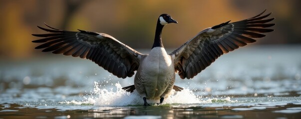Large Canada goose spreading wings, taking flight, wildlife photography, pinion, outdoors