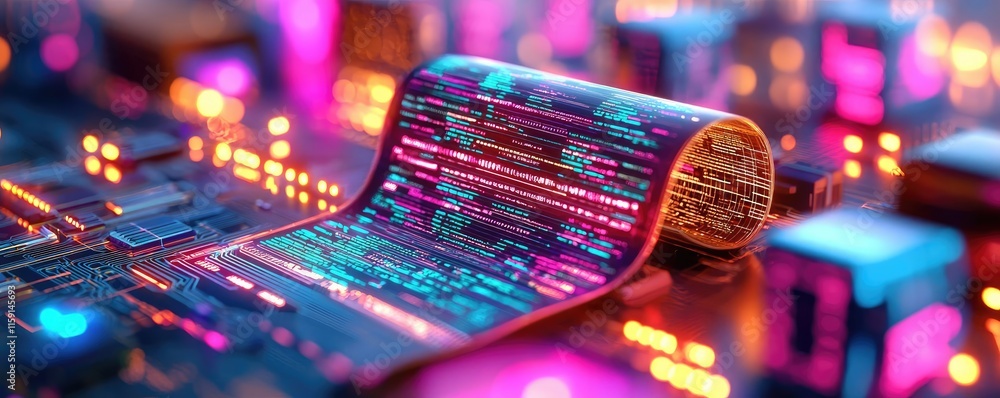 Aufkleber futuristic library idea. vibrant circuit board with glowing components and colorful data transmissio