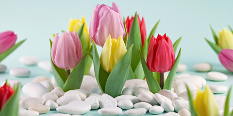 Obraz premium Spring Tulips Pastel Colors White Stones Floral Background