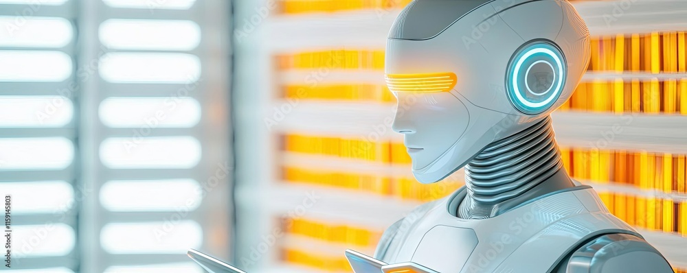 Poster futuristic library idea. futuristic robot figure showcasing advanced artificial intelligence capabil