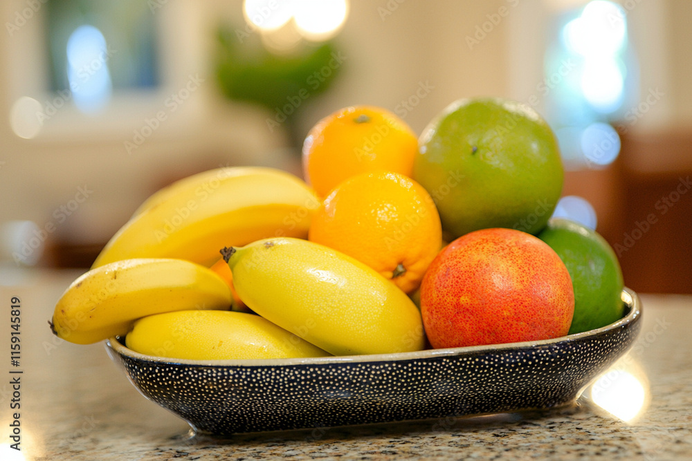Poster fruit arrangement on table with bokeh
