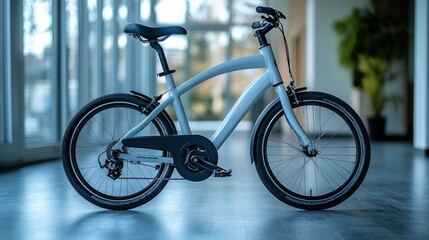 Fototapeta premium Sleek light gray city bicycle indoors.