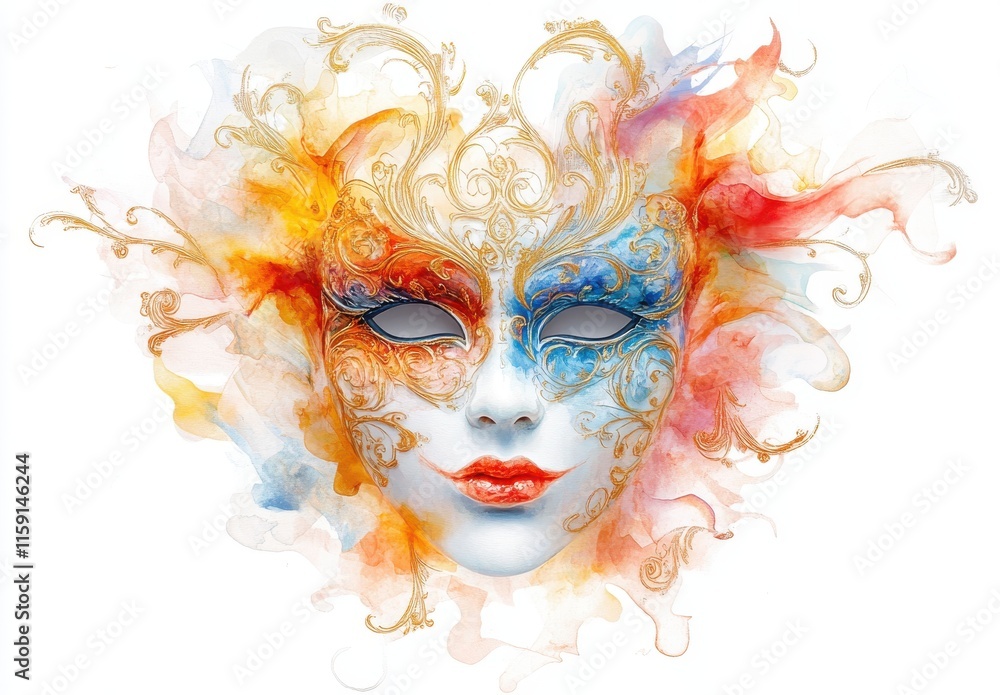 Poster vibrant artistic mask featuring intricate patterns and bold colors rendered in soft watercolor style
