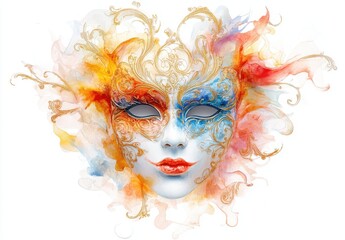 Vibrant Artistic Mask Featuring Intricate Patterns and Bold Colors Rendered in Soft Watercolor Style for Festive and Creative Themes