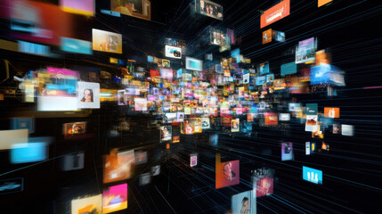 Vibrant digital collage of social media images and videos, showcasing diverse content and connections in dynamic, interconnected network