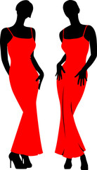 black and white silhouette of a young woman in a dress, vector