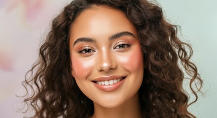 Naklejka premium Radiant portrait of a young hispanic female with curly hair and glowing skin