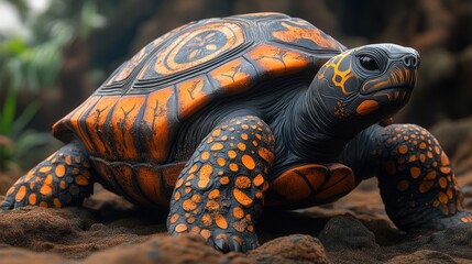 Close-up of a radiant orange and black tortoise on dark soil.