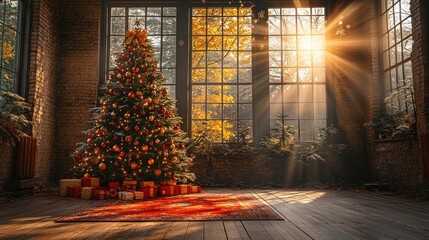 A cozy interior featuring a decorated Christmas tree and warm sunlight streaming in.