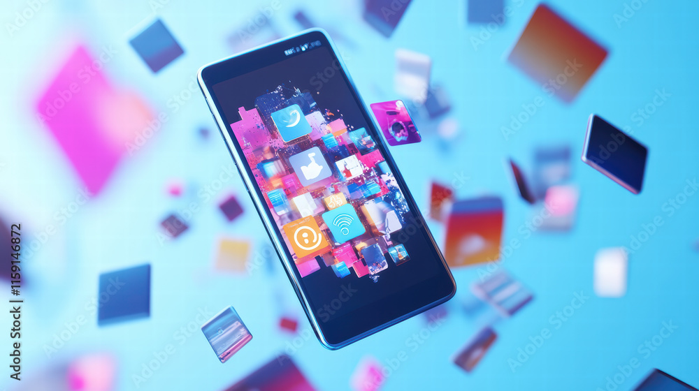 Poster smartphone screen displays vibrant social media icons surrounded by colorful app tiles, creating dyn