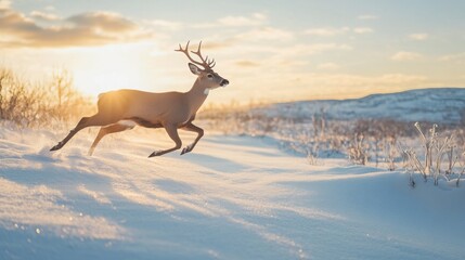 Obraz premium A young male deer gracefully leaps across a snow-covered field as the sun sets, casting a golden glow on the winter landscape.