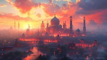 Majestic sunset over a grand, ancient city with illuminated architecture and a river.