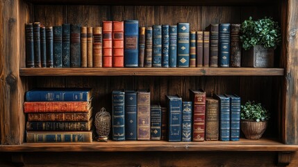 Naklejka premium A rich collection of antique books fills a dark wooden bookshelf, creating a warm and inviting atmosphere. The books' colors and textures add depth and character to the image.