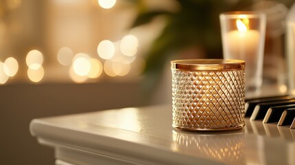 Grammy award concept, A beautifully lit candle in an elegant holder, set against a warm, ambient background of soft lights, creating a cozy and inviting atmosphere.
