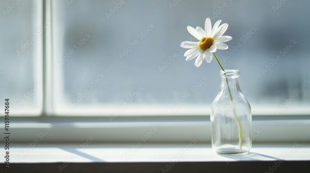 Poster a minimalist composition of a single daisy in a glass bottle on a windowsill, close-up shot, minimal
