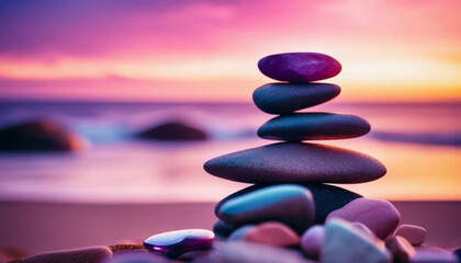Colorful stacked stones on sandy beach with sunset. Vibrant colors, calming scene. Zen themes, meditation, relaxation, wellness, nature, mindfulness, mental health, life balance, travel concept