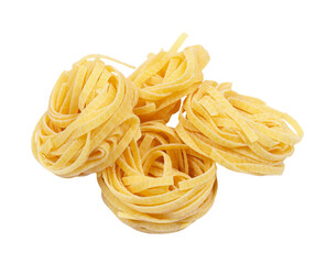 Raw tagliatelle pasta isolated on white background. 