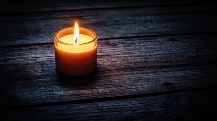 A minimalist composition of a single lit candle on a dark wooden surface, close-up shot, Minimalist style
