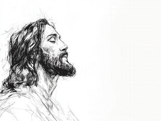 Fototapeta premium Monochrome sketch of a contemplative man with long hair and a beard, drawn in a minimalist style with detailed pencil lines, evoking serenity and reflection.