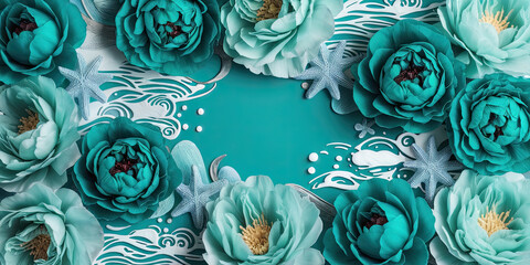 Teal Peonies Starfish Ocean Waves Summer Floral Design