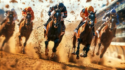 Thrilling horse race on a dirt track with jockeys in vibrant gear, galloping at full speed, capturing the energy and excitement of competition.