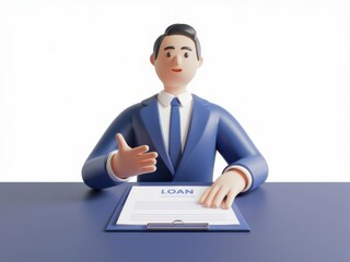 3D Human Businessman Presenting Loan Agreement on Blue Table
