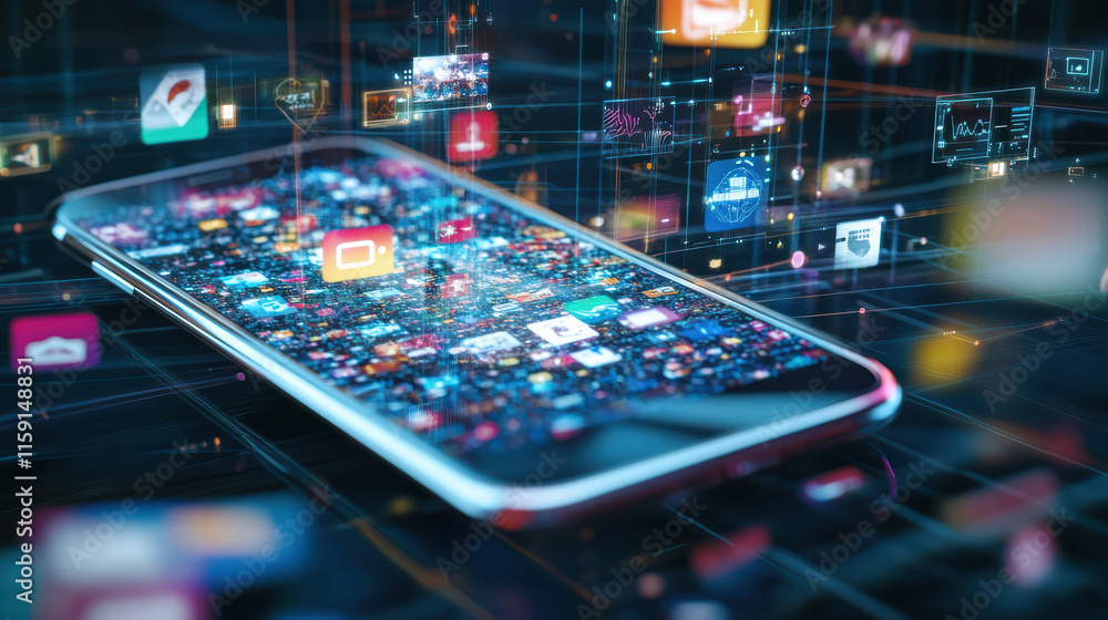Poster smartphone displaying vibrant social media interface with various app icons. colorful layout showcas