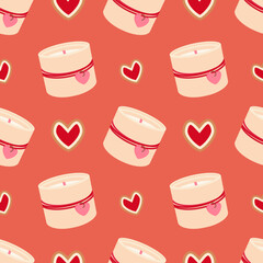 Seamless pattern of aroma candles and cookies in the shape of hearts for Valentine's Day, vector.
