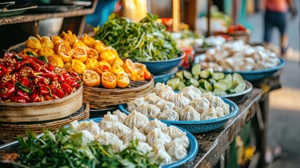 Vibrant Street Food Market: Dumplings, Noodles, and Fresh Juices