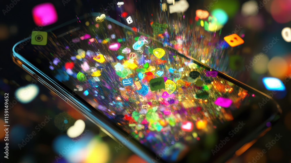 Poster smartphone displaying vibrant social media interface with colorful icons bursting from screen, symbo