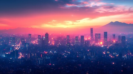 Sunset enhances vibrant cityscape colors reflecting vividly on calm shimmering water wallpaper image