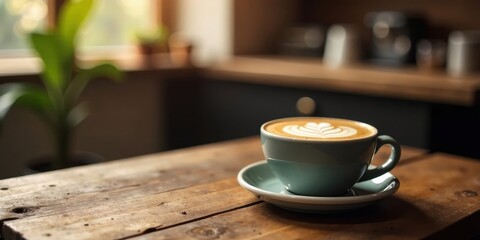 Fototapeta premium Aromatic Latte Art in a Serene Cafe Setting on Rustic Wooden Table